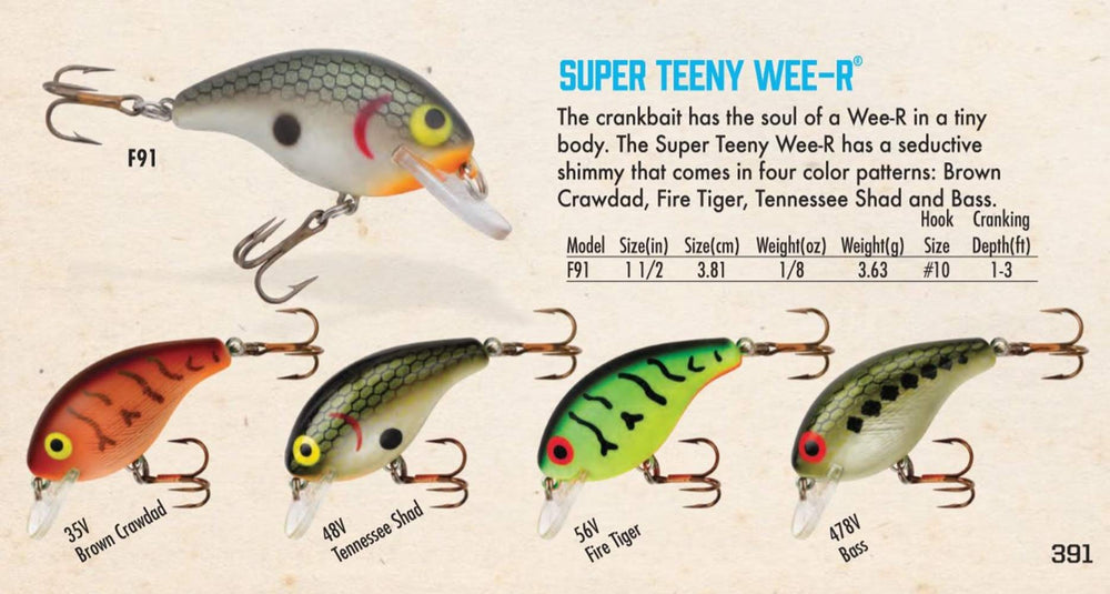 Close-up of Rebel Wee-R brown crawdad lure highlighting the fat baitfish profile and action.
