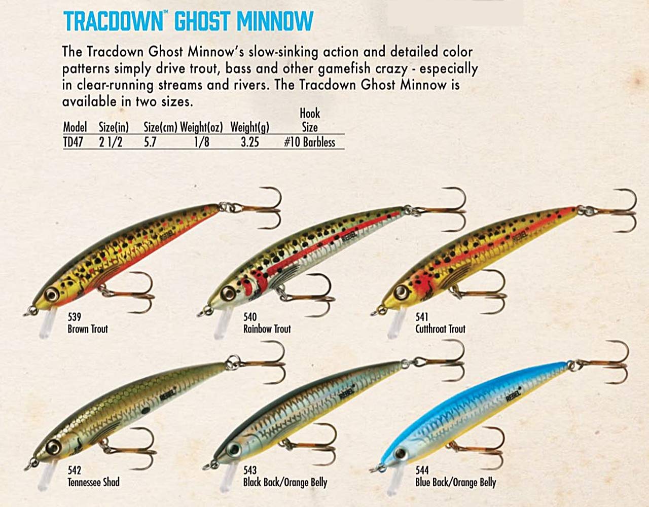 Rebel Tracdown Ghost Minnow displayed in river fishing setup