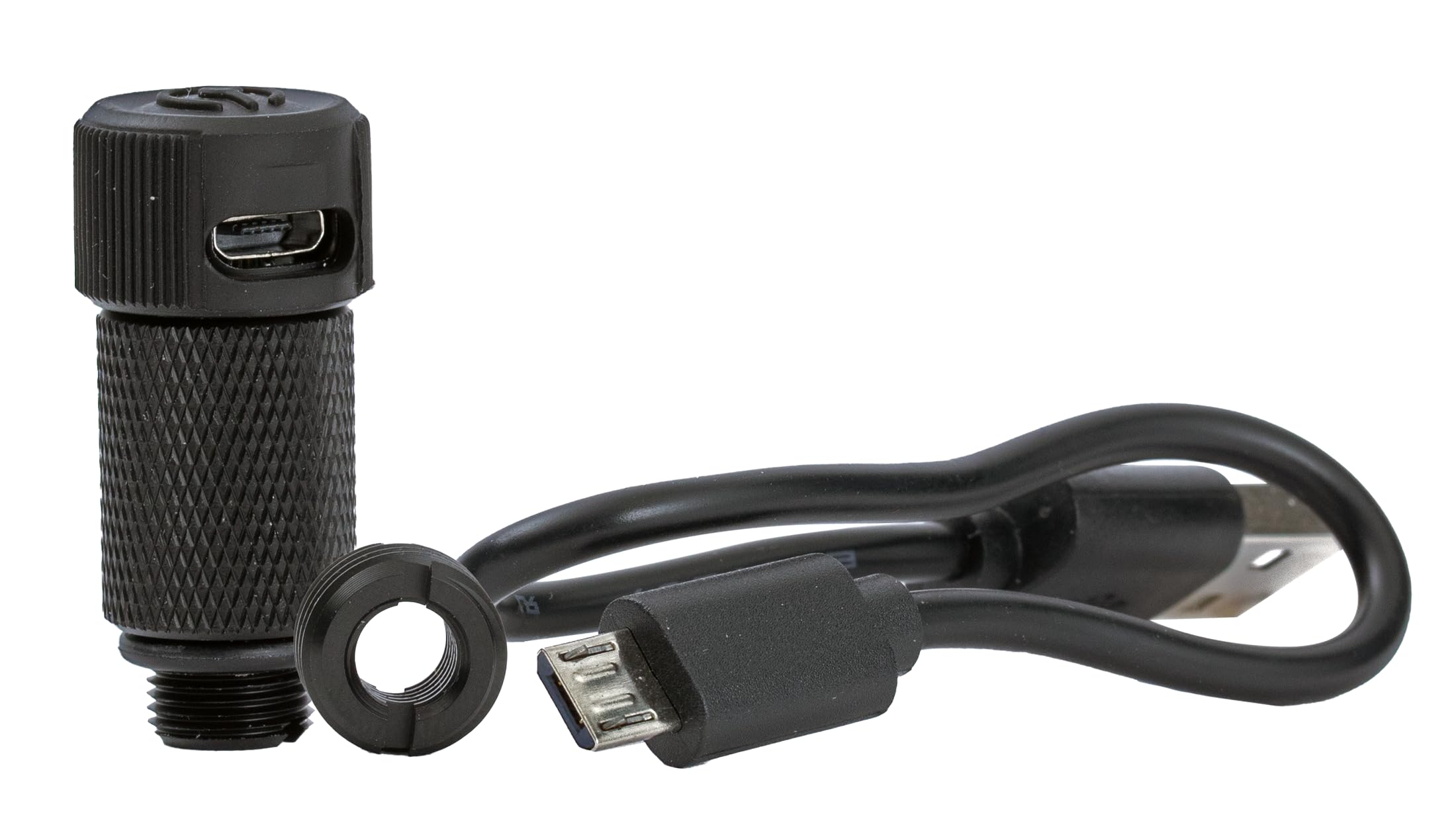 Close-up of USB rechargeable battery and brightness controls