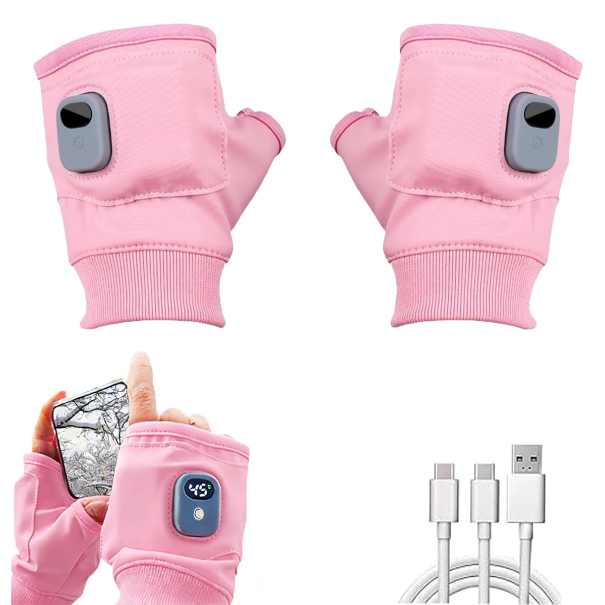 Rechargeable heated gloves for women with digital display in pink showing heat level