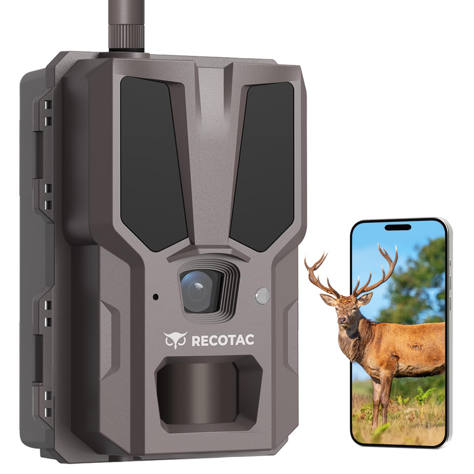 RECOTAC Sense cellular trail camera front view for rugged wildlife monitoring