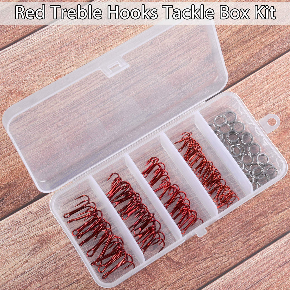 Red and black treble hooks with silver rings in a tackle box