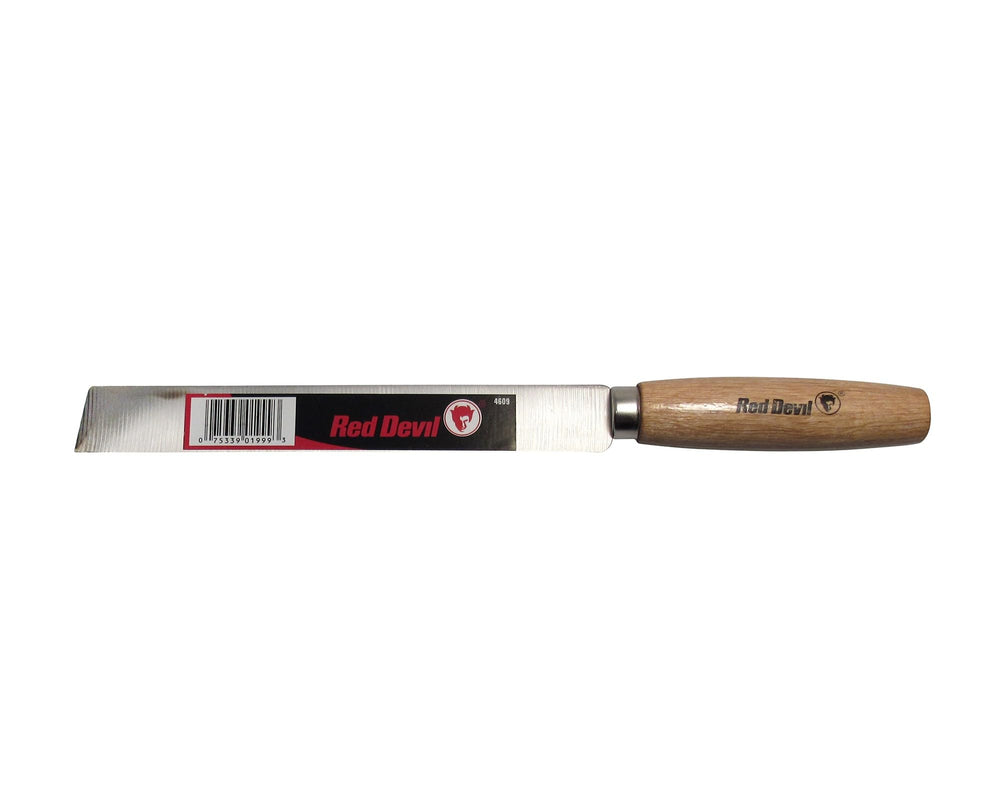Red Devil 4609 batting knife showing high-carbon steel blade and hardwood handle