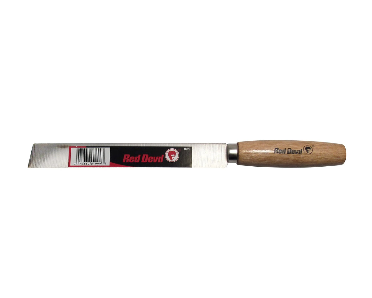 Red Devil 4609 batting knife showing high-carbon steel blade and hardwood handle