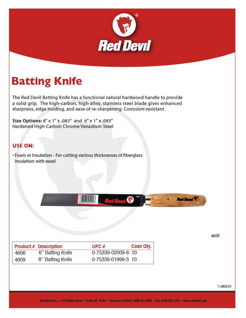 Close-up of Red Devil 8 inch batting knife blade and hardwood handle