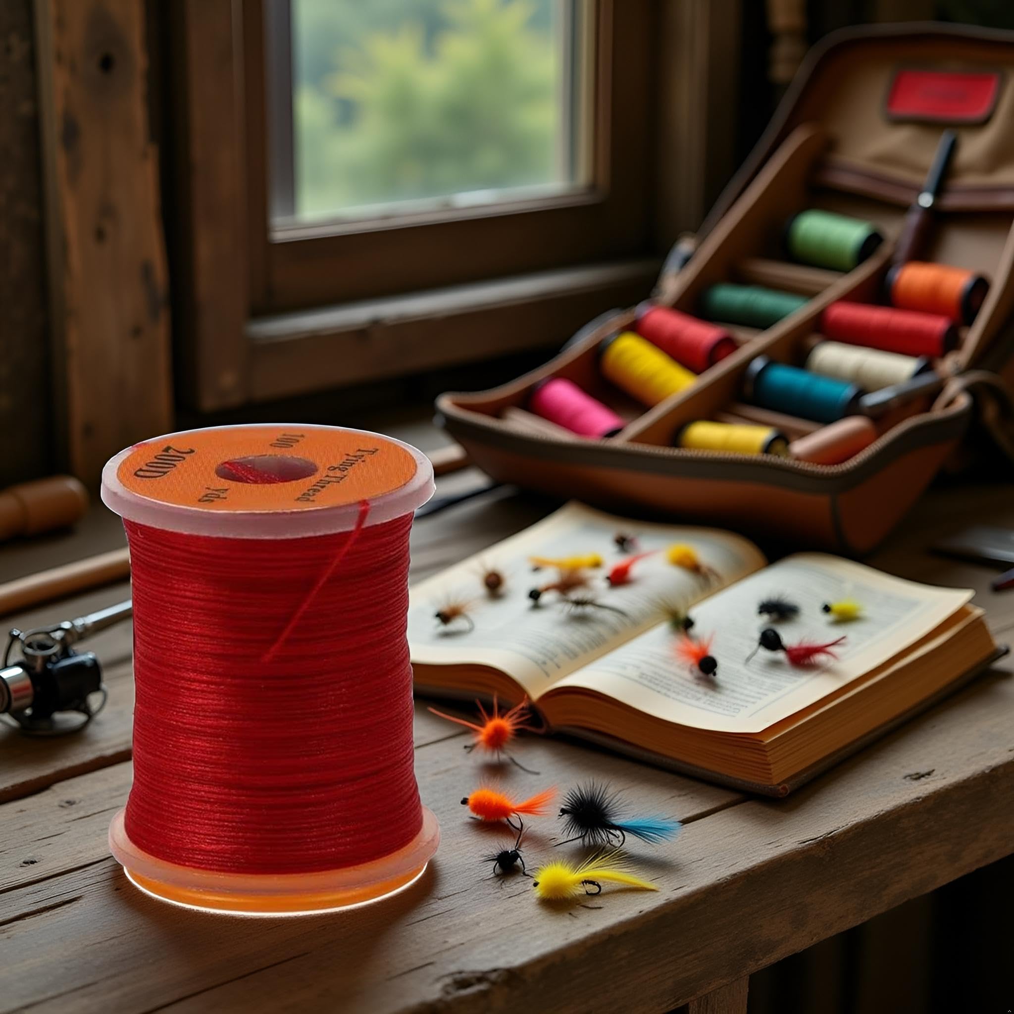 Close-up of fluorescent red fly tying thread 100 yards 200D