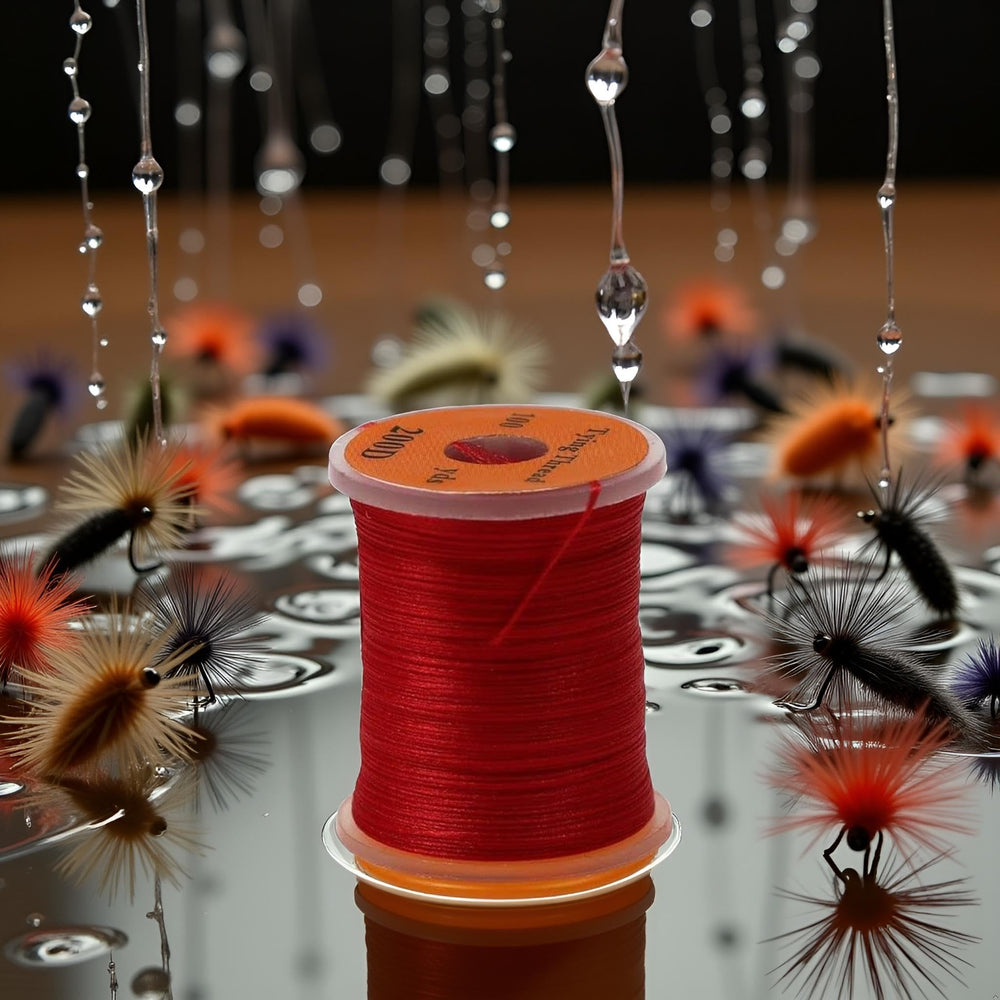 Fly tying thread being wrapped around a bass fishing hook