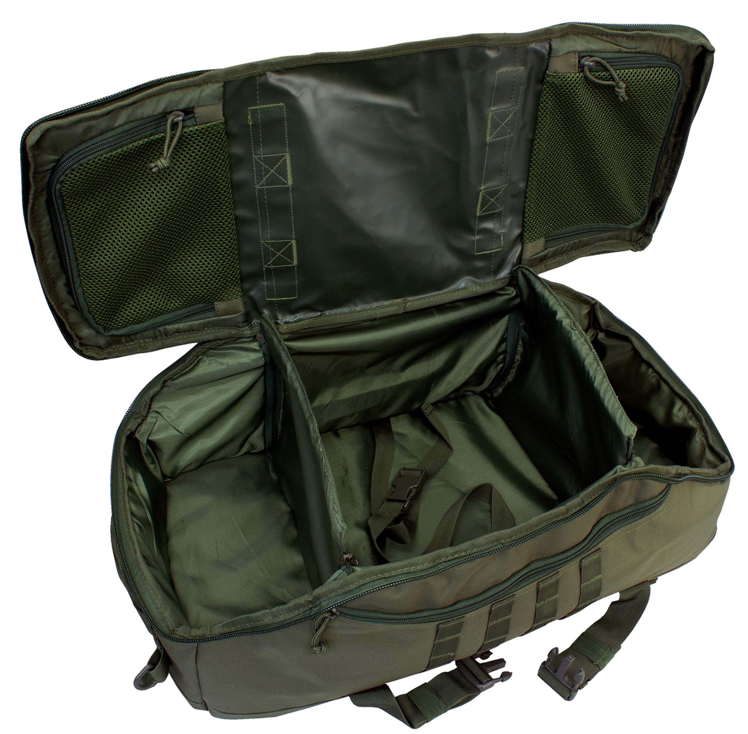 Red Rock Outdoor Gear Traveler Duffle 55L capacity and compact dimensions for travel.