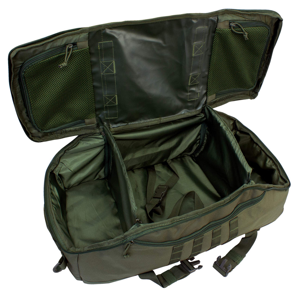 Red Rock Outdoor Gear Traveler Duffle 55L capacity and compact dimensions for travel.