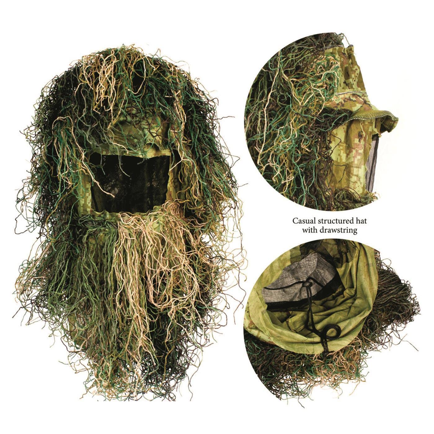 Red Rock ghillie hood in desert camouflage provides full head coverage