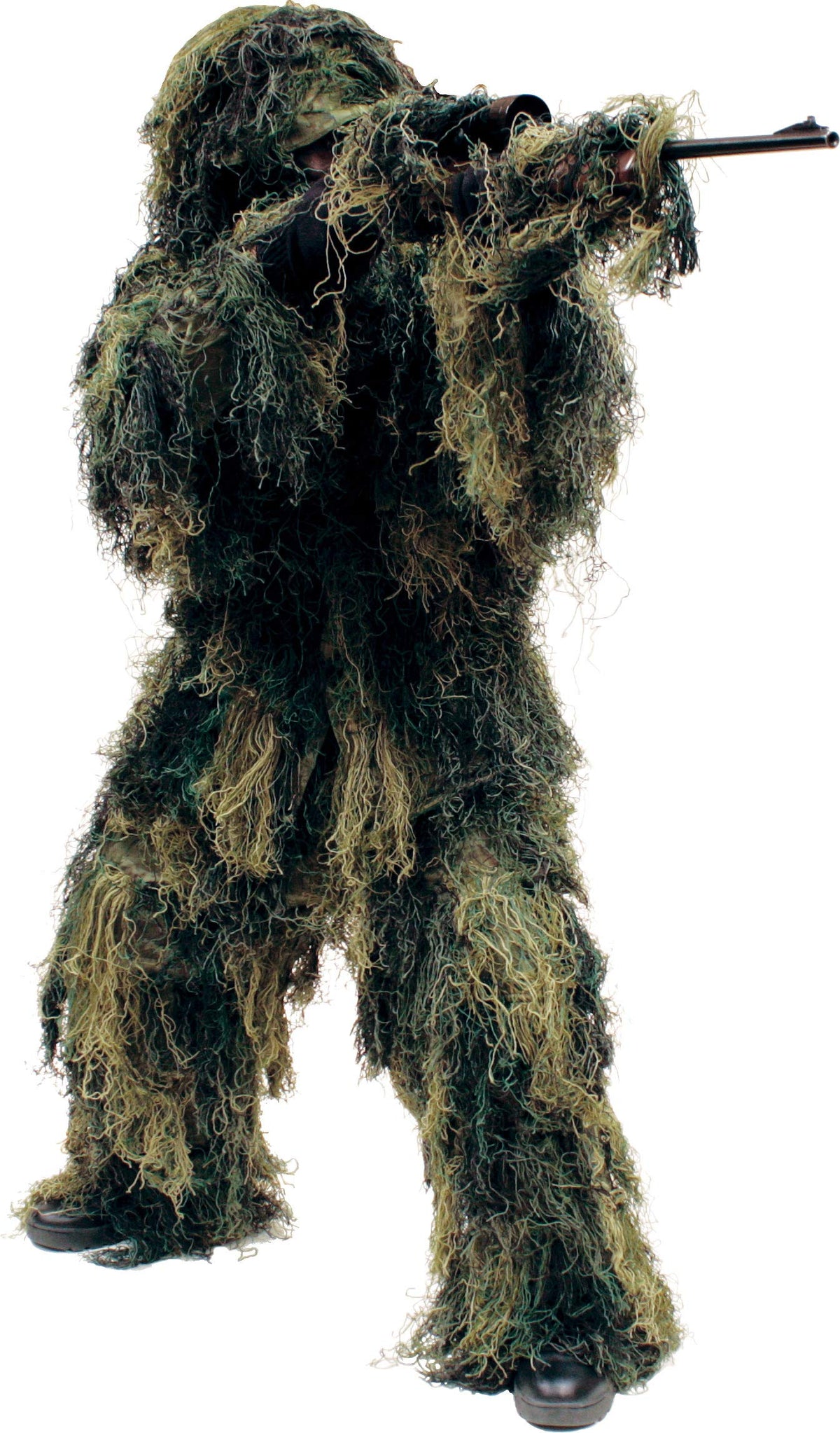 Red Rock Outdoor Gear Ghillie Suit hood seen in woodland camouflage for concealment.