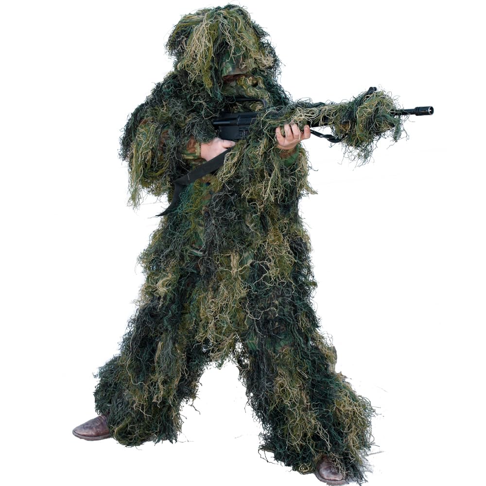 Red Rock Outdoor Gear ghillie suit hood close-up for full concealment in the woods.
