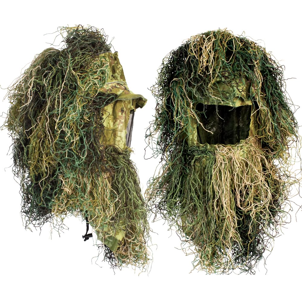 Red Rock Outdoor Gear ghillie suit jacket in woodland camouflage for layered concealment.