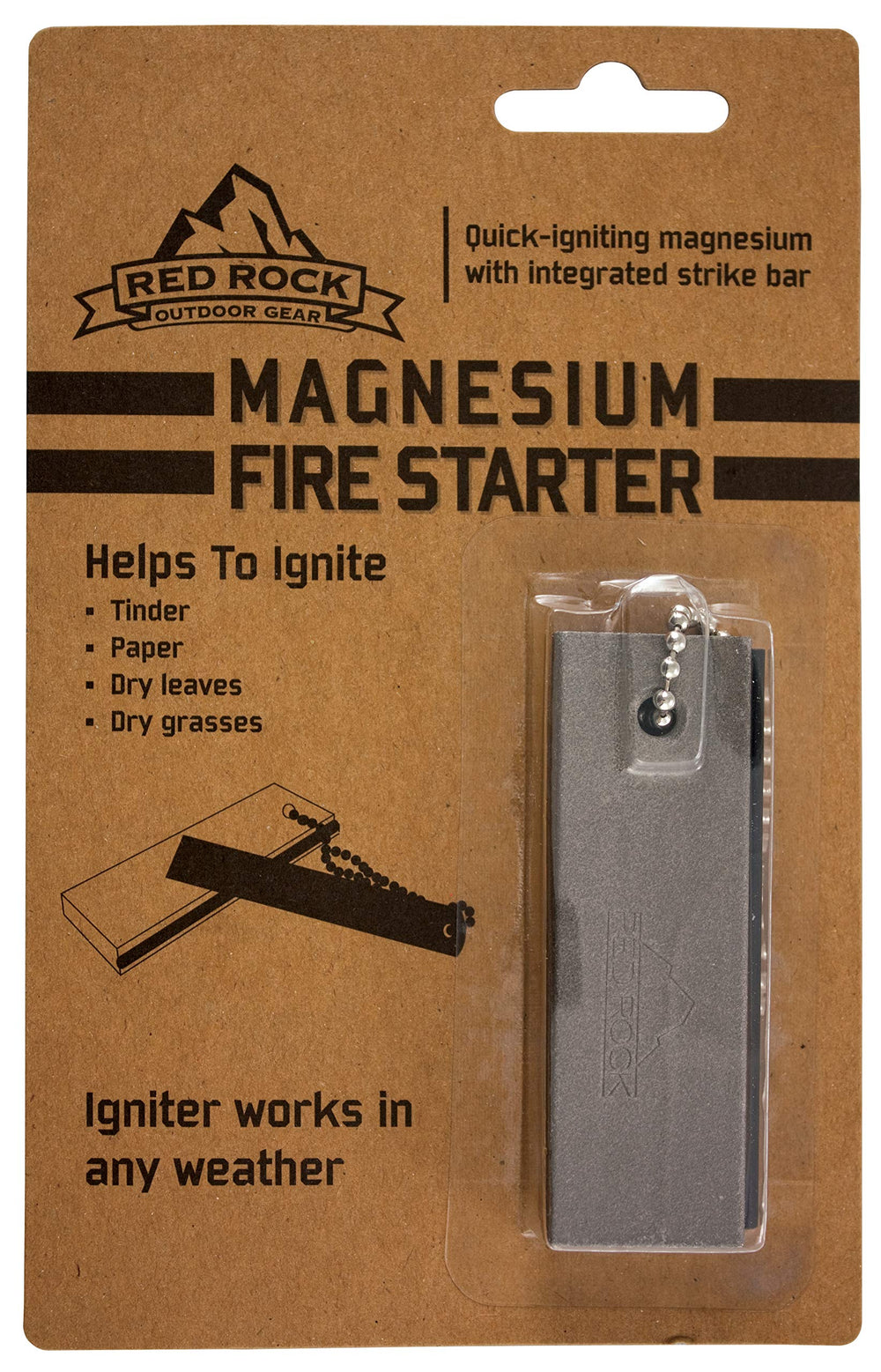 Red Rock magnesium fire starter with attached saw enables reliable fire-starting in harsh conditions.