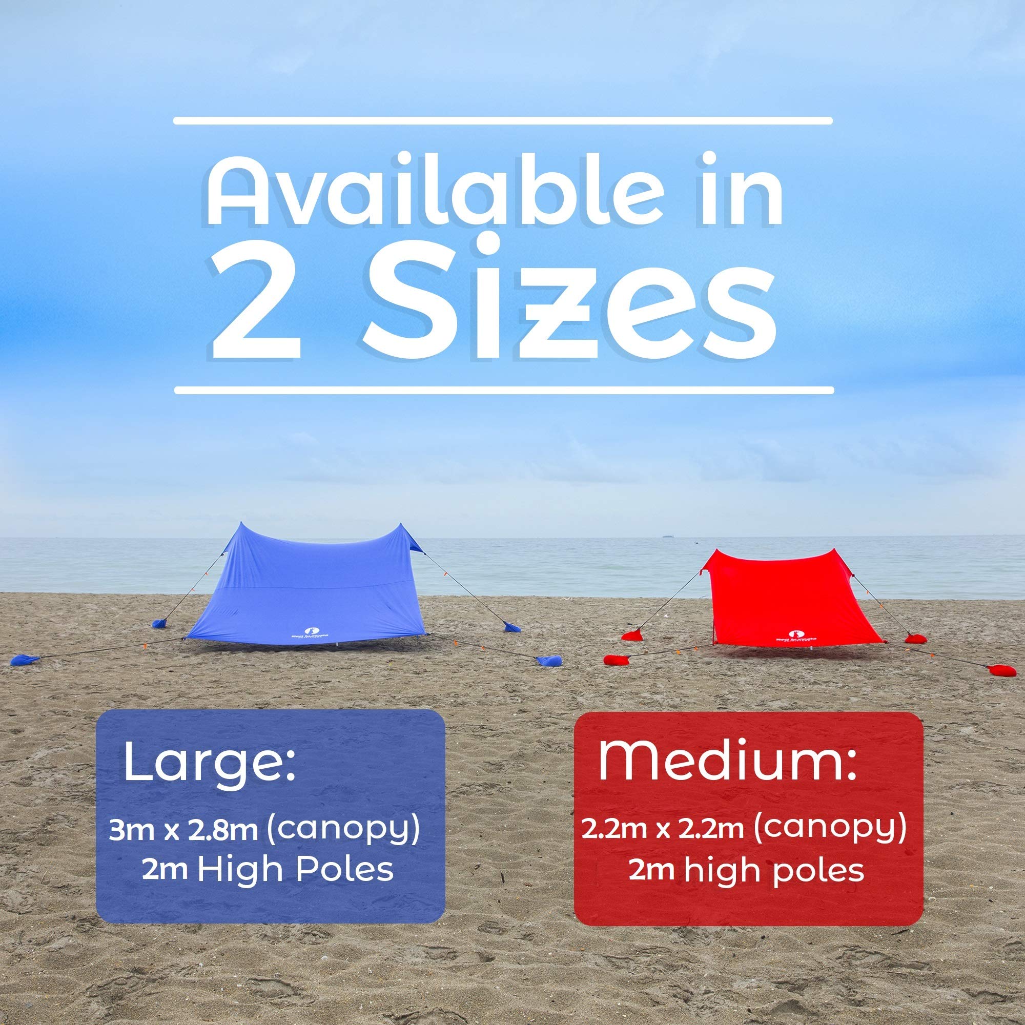 Red Suricata beach canopy demonstrates wind shelter and spacious shade on the sand