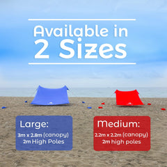 Red Suricata beach canopy demonstrates wind shelter and spacious shade on the sand