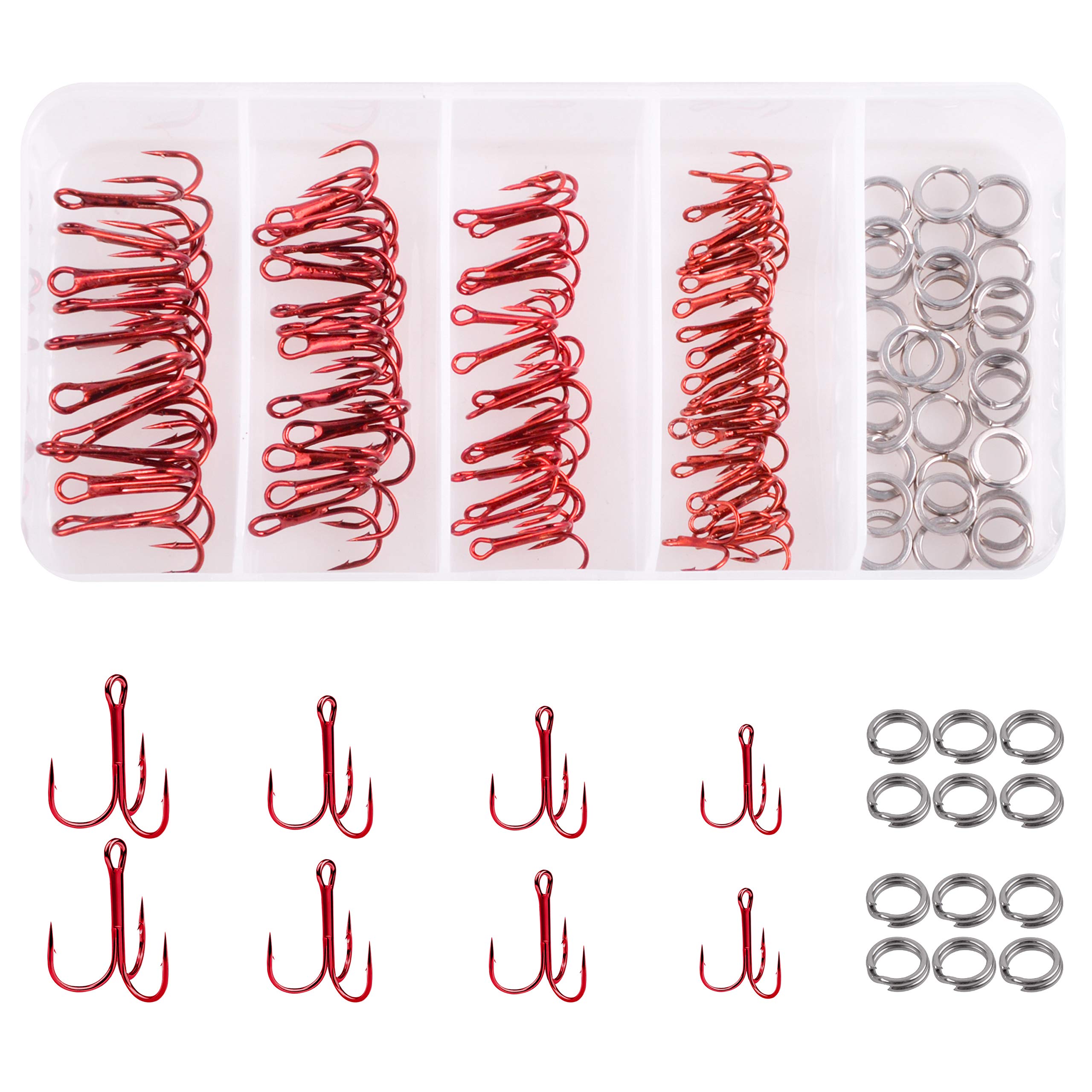 Red treble hooks kit with 75 pieces in a plastic tackle box