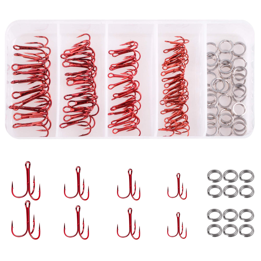 Red treble hooks kit with 75 pieces in a plastic tackle box