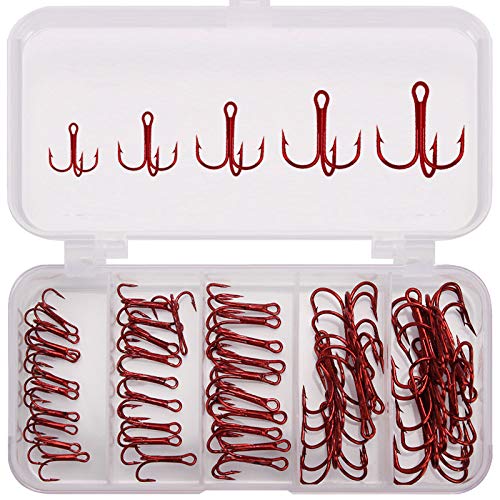 Red treble hooks in clear tackle box, 50 pieces