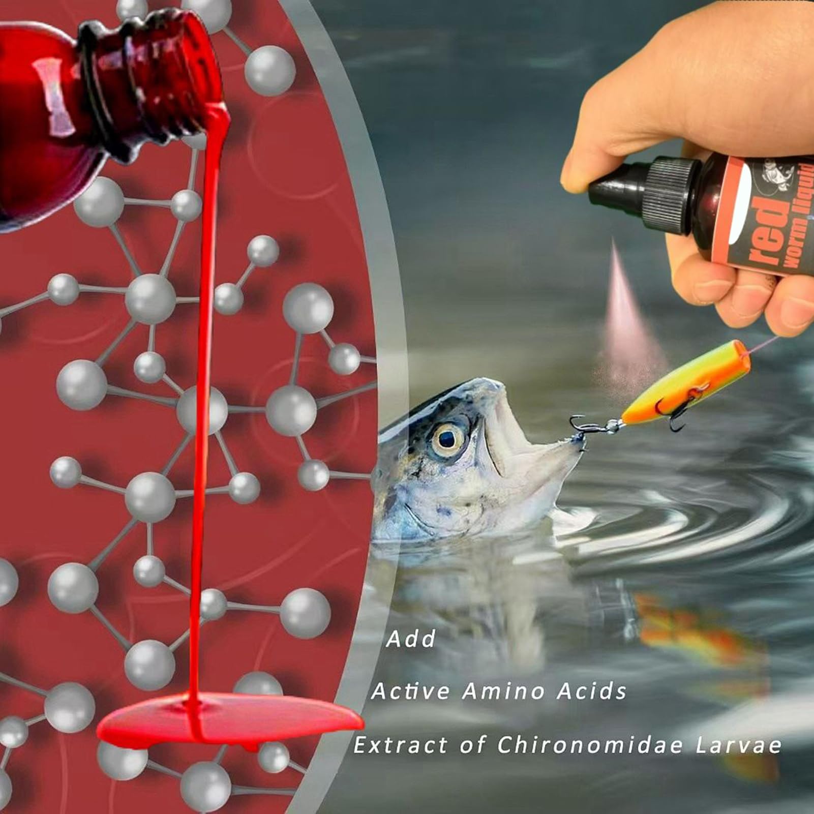Red Worm Concentrate Liquid fish bite attract demonstrates scent-driven attraction for targets