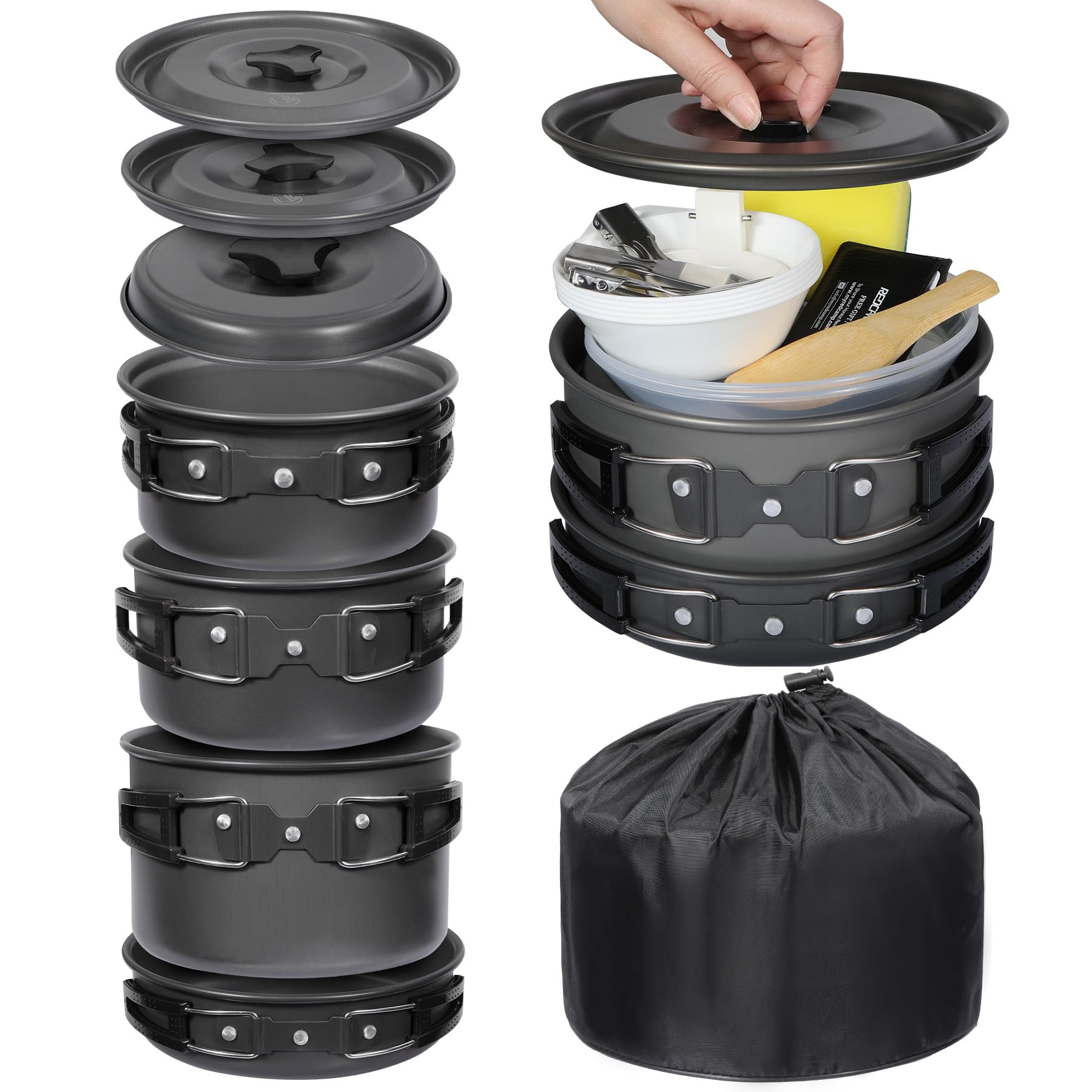 REDCAMP 19-piece cookware set nesting design for compact backpacking storage.