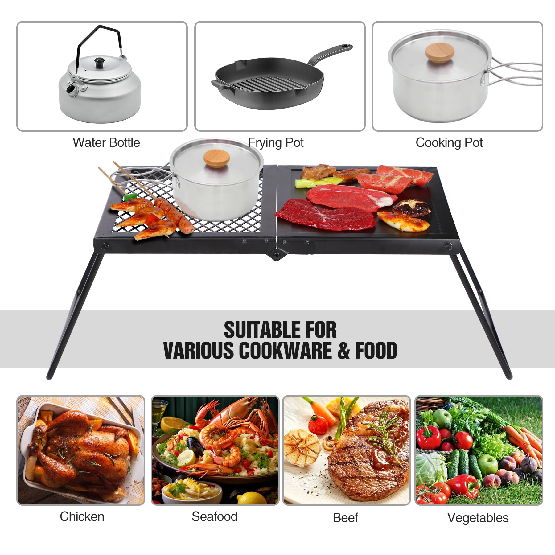 REDCAMP 2-in-1 design combines mesh grill and solid plate for versatile meals.