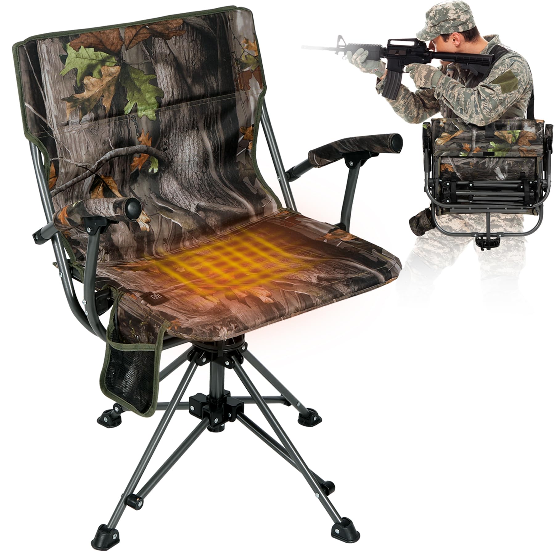 REDCAMP 360° swivel camo hunting chair in a compact setup for blinds.