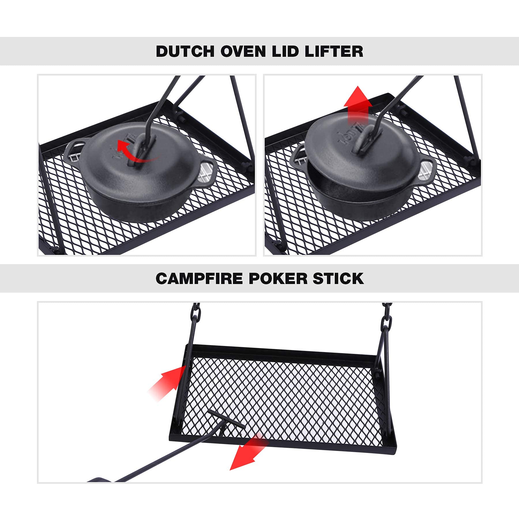REDCAMP adjustable swing height lets you control cooking temperature.