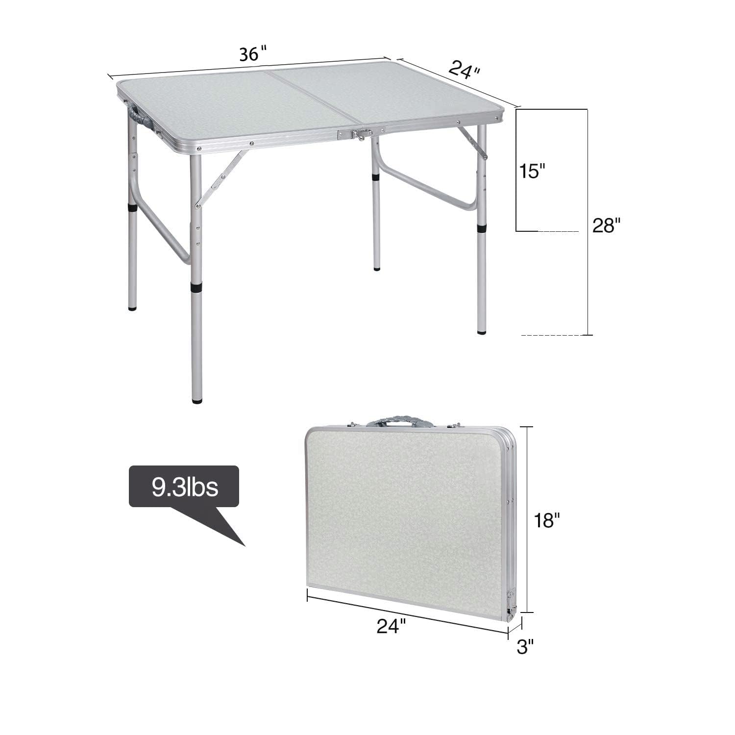 REDCAMP aluminum camping table height adjustment at 15 and 28 inches