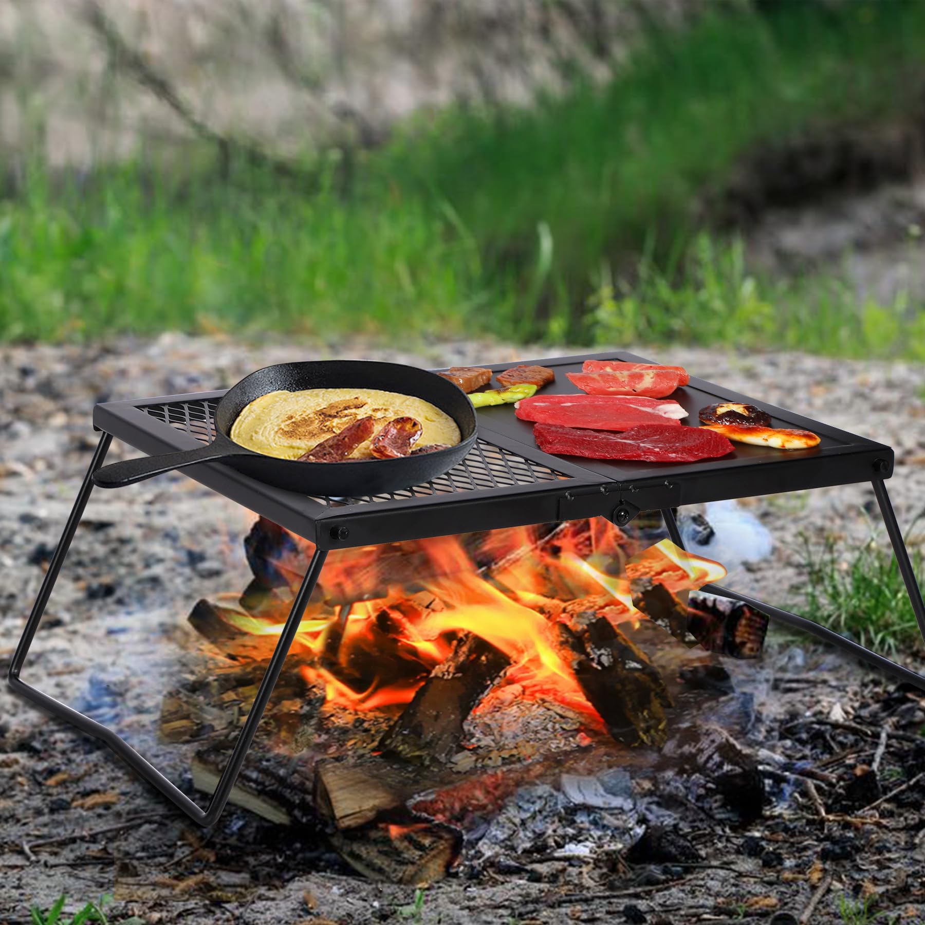 REDCAMP campfire grill mesh-half plate design highlights grilling versatility and prep.