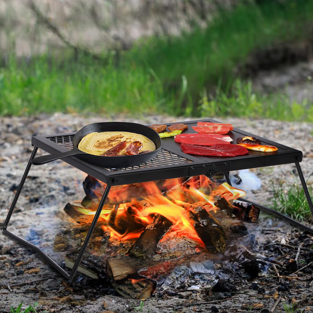 REDCAMP campfire grill mesh-half plate design highlights grilling versatility and prep.