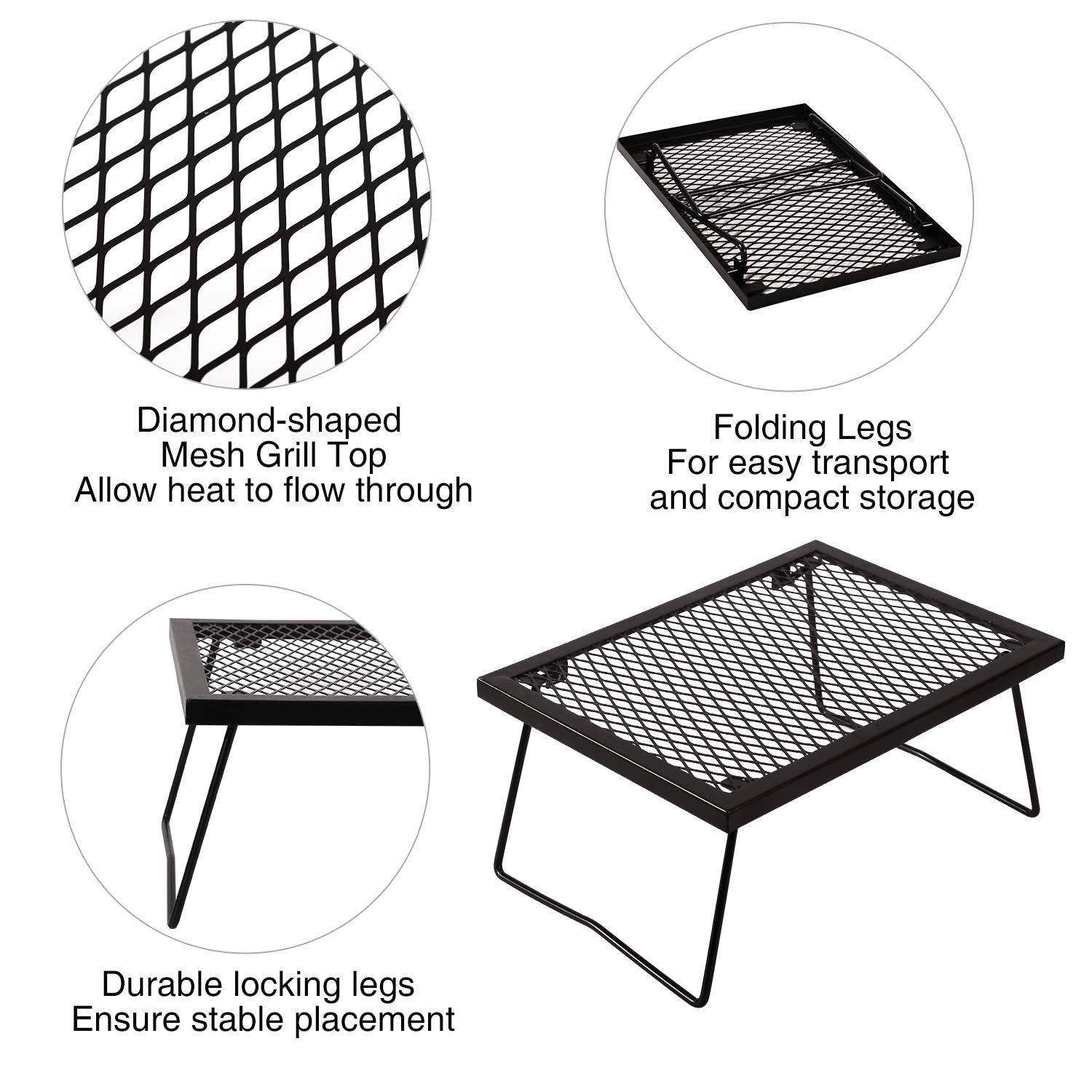 REDCAMP campfire grill over a fire pit in use for hot meals