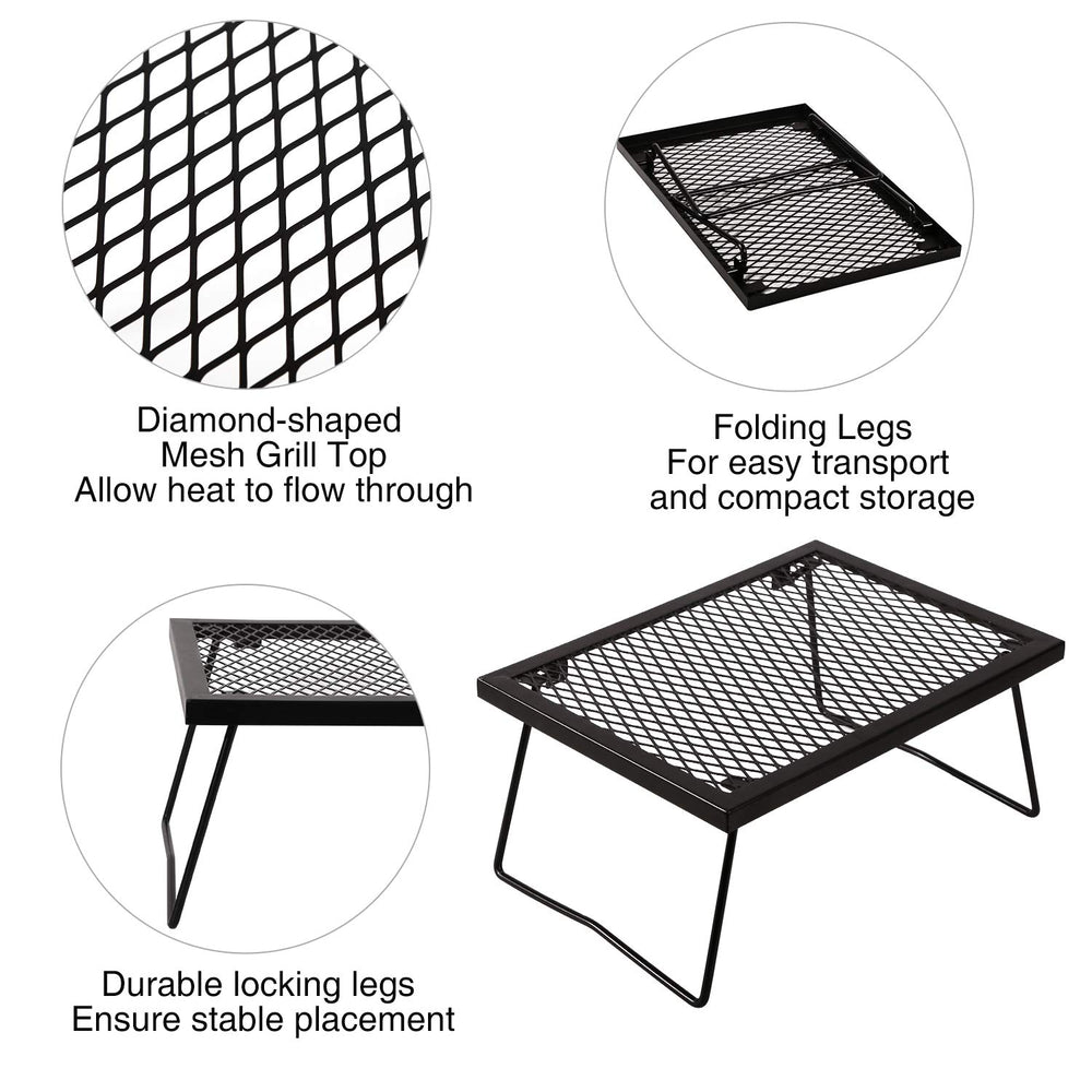 REDCAMP campfire grill over a fire pit in use for hot meals