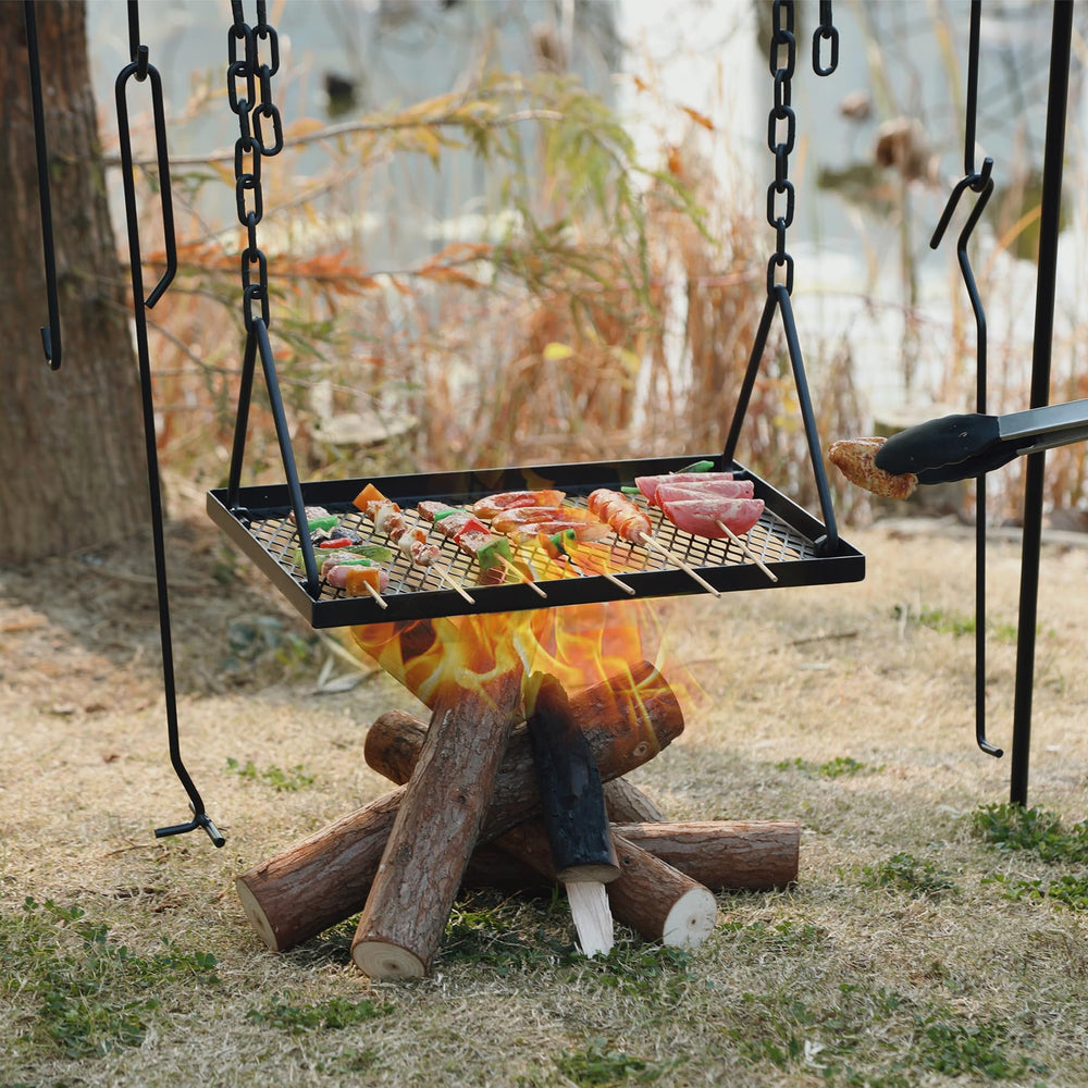 REDCAMP collapsible campfire grill with six hooks offers organized grilling tool storage.