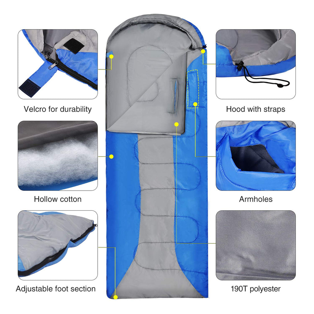 REDCAMP blue sleeping bag featuring compression hood for neck warmth