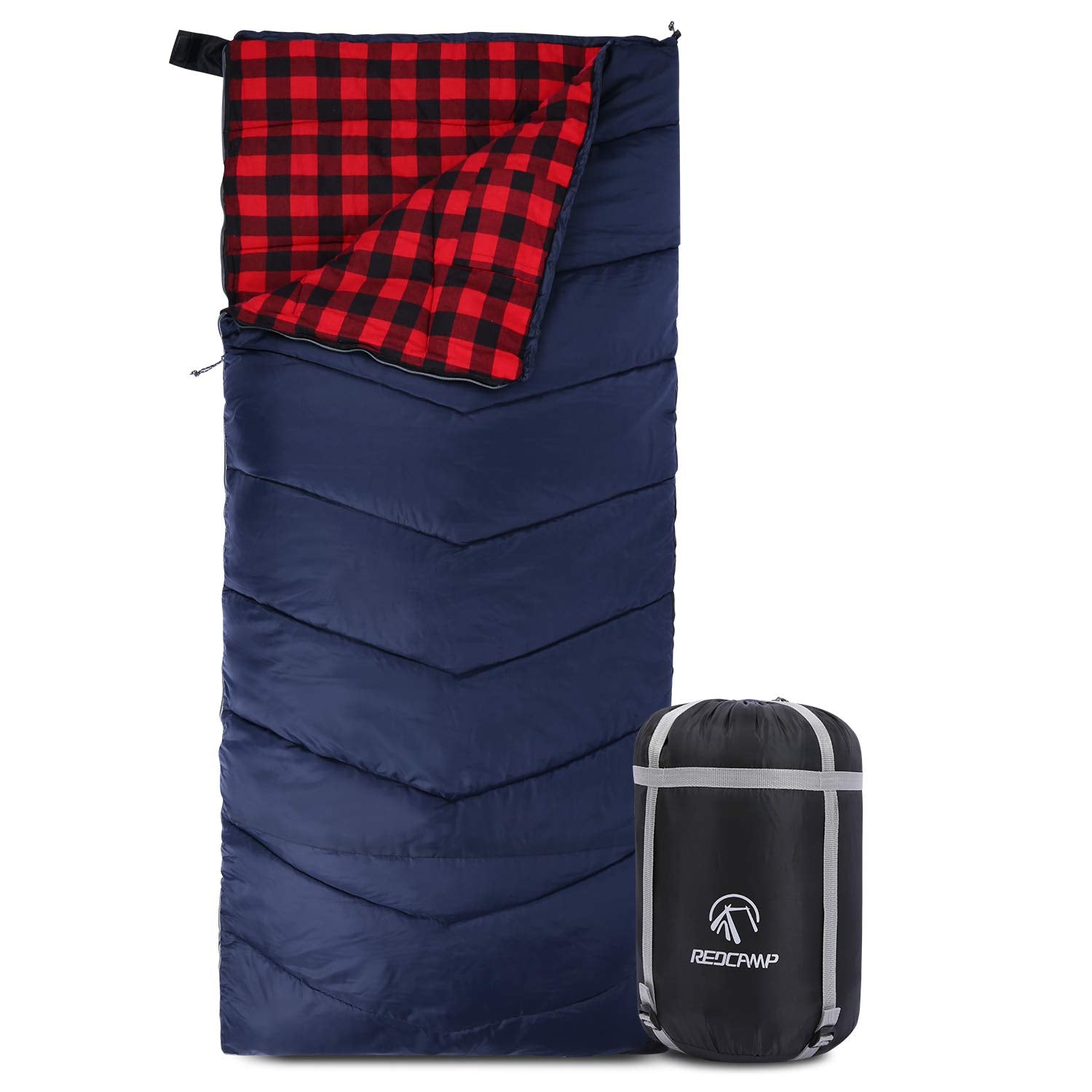 RedCAMP cotton flannel sleeping bag closed for compact storage and warmth.