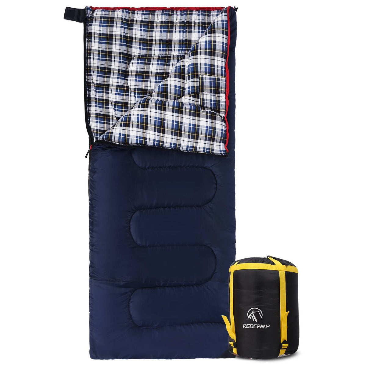 REDCAMP envelope blue sleeping bag shows 75x33 size and warmth for cold camping