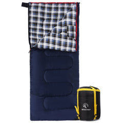 REDCAMP envelope blue sleeping bag shows 75x33 size and warmth for cold camping