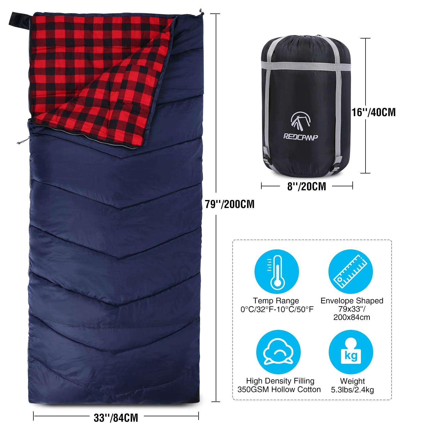 RedCAMP cotton flannel sleeping bag open shows generous 79x33 inch space.