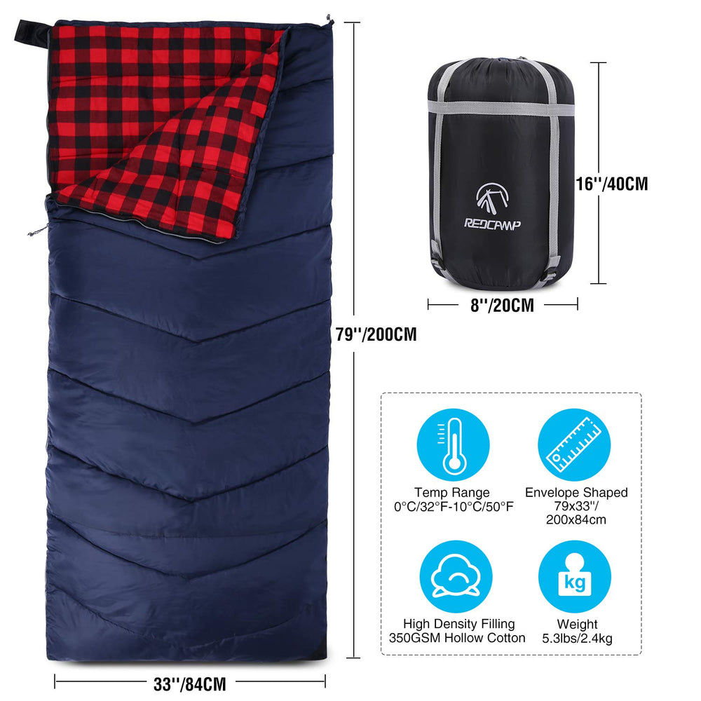 RedCAMP cotton flannel sleeping bag open shows generous 79x33 inch space.