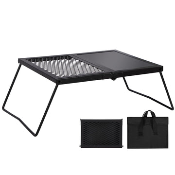 REDCAMP folding campfire grill assembled for stable outdoor cooking and easy setup.