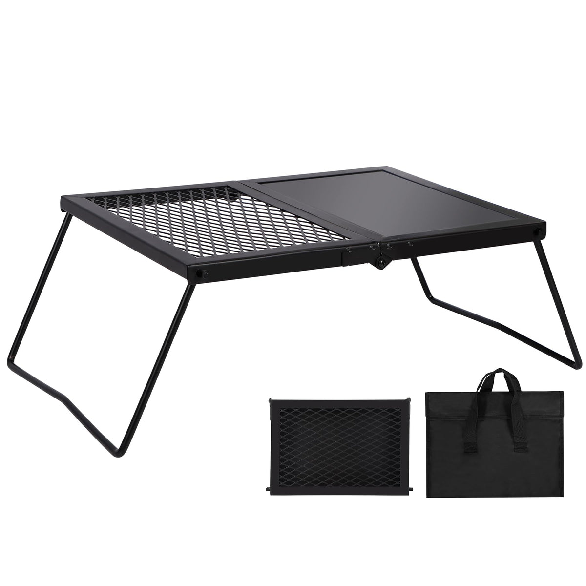 REDCAMP folding campfire grill assembled for stable outdoor cooking and easy setup.