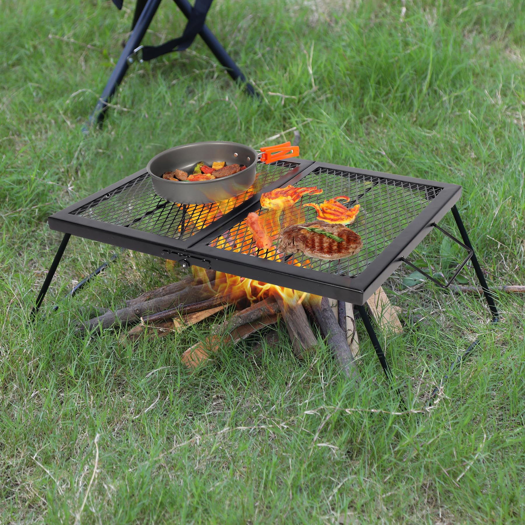Redcamp folding campfire grill with diamond mesh top delivers even heat for outdoor cooking.