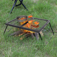 Redcamp folding campfire grill with diamond mesh top delivers even heat for outdoor cooking.