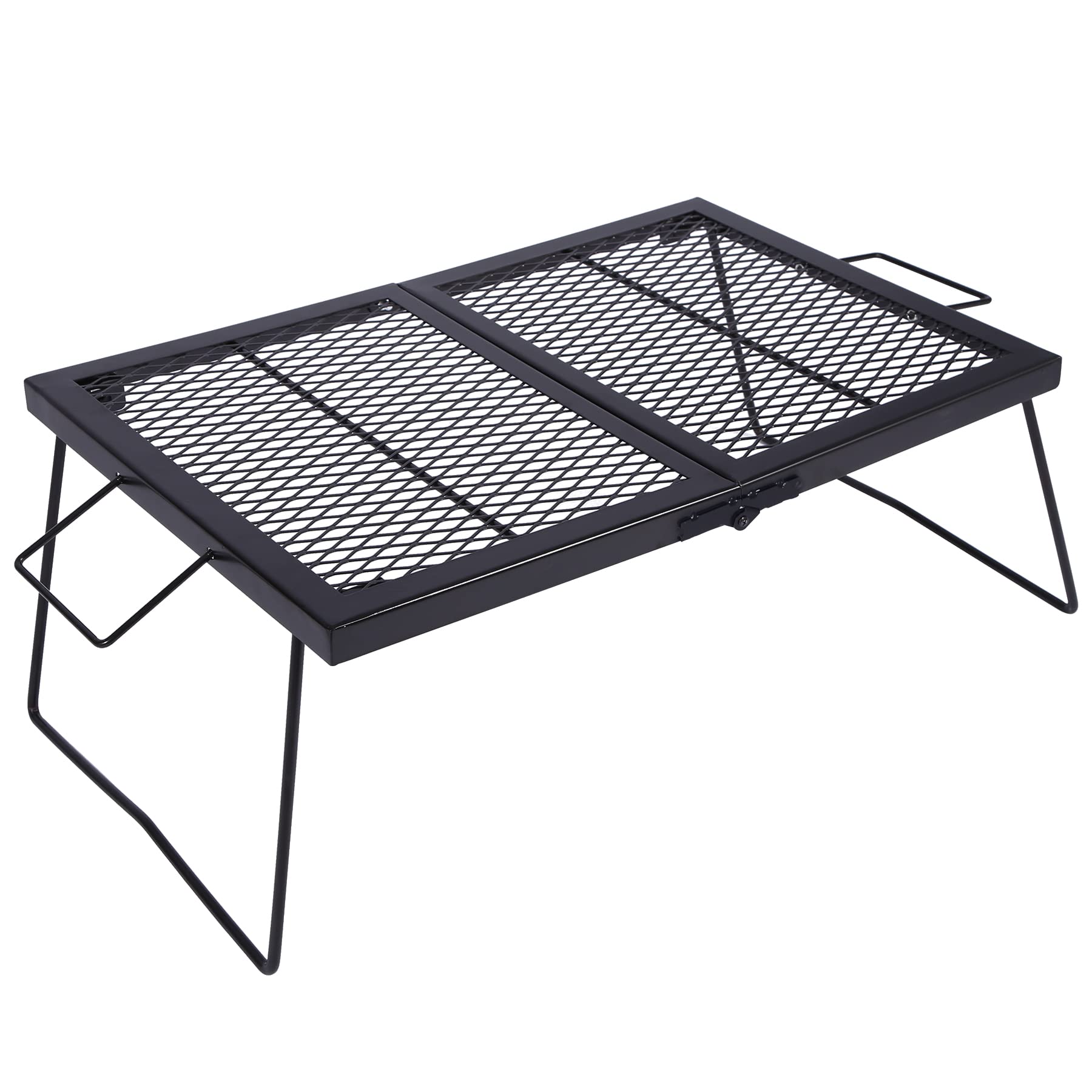 Redcamp folding campfire grill open-top heats food evenly over a campfire.