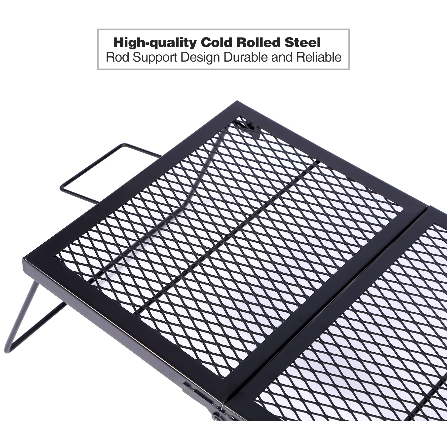 Redcamp folding campfire grill over-fire setup supports outdoor meals.