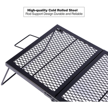 Redcamp folding campfire grill over-fire setup supports outdoor meals.