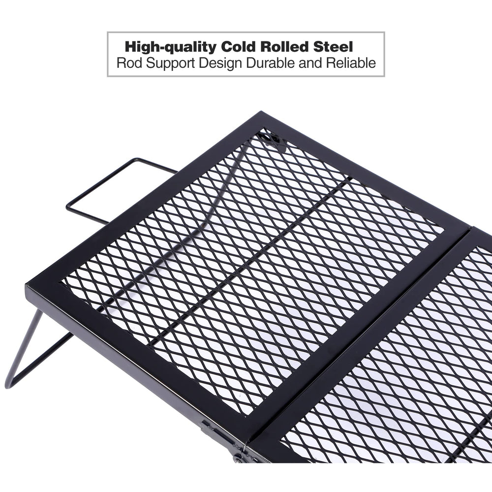 Redcamp folding campfire grill over-fire setup supports outdoor meals.