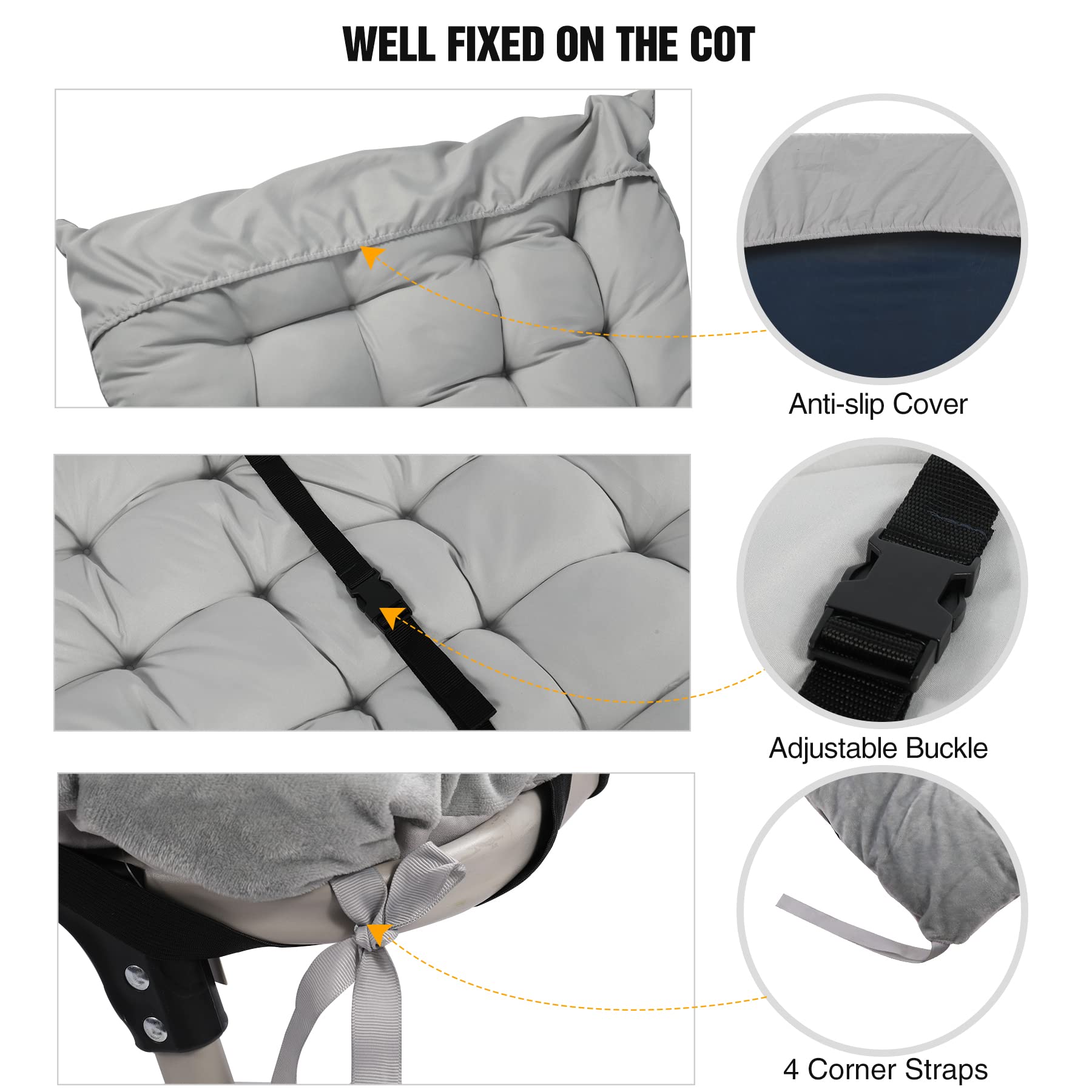 REDCAMP 2-inch dark grey cot pad on a cot, compact travel companion.