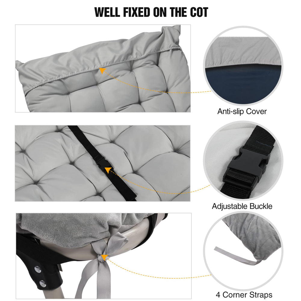 REDCAMP 2-inch dark grey cot pad on a cot, compact travel companion.